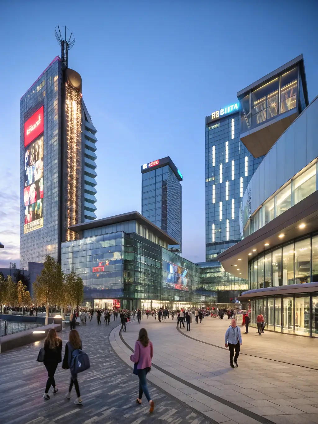A dynamic image of MediaCityUK in Salford, featuring modern buildings, digital displays, and people networking, representing media and digital innovation.