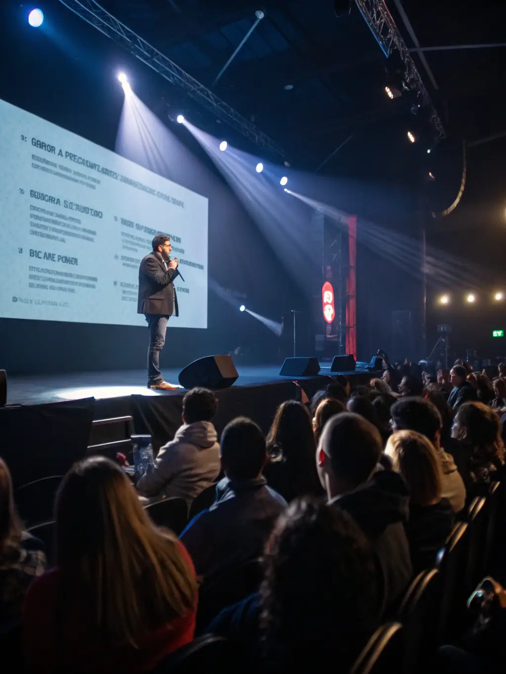 A photograph of a keynote speaker passionately addressing a large audience at the Innovation Summit UK, emphasizing the importance of their session.